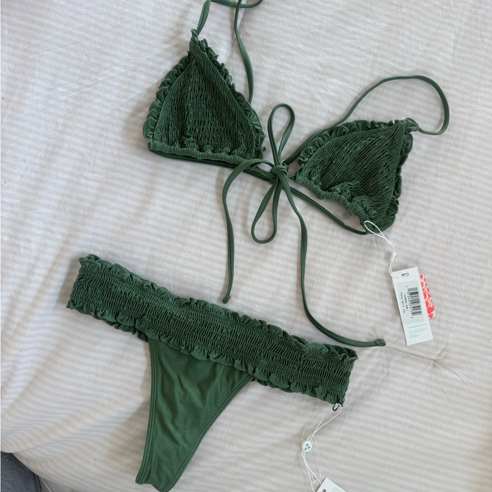 Frankie's Bikinis Moss Green Satin Set L Top S Bottom
